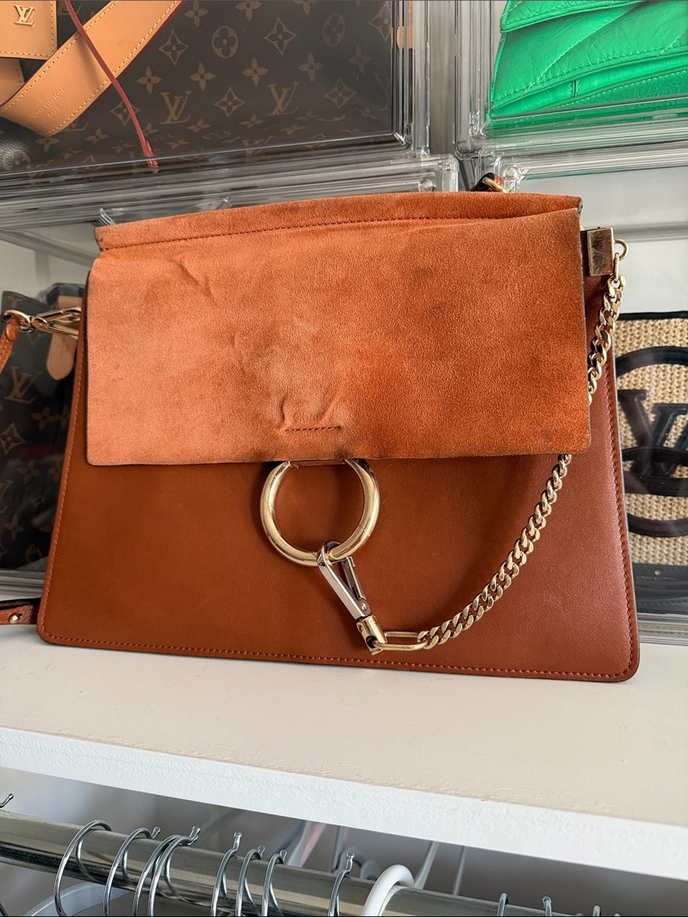 CHLOE Faye Medium Leather & Suede Shoulder Bag in Cognac